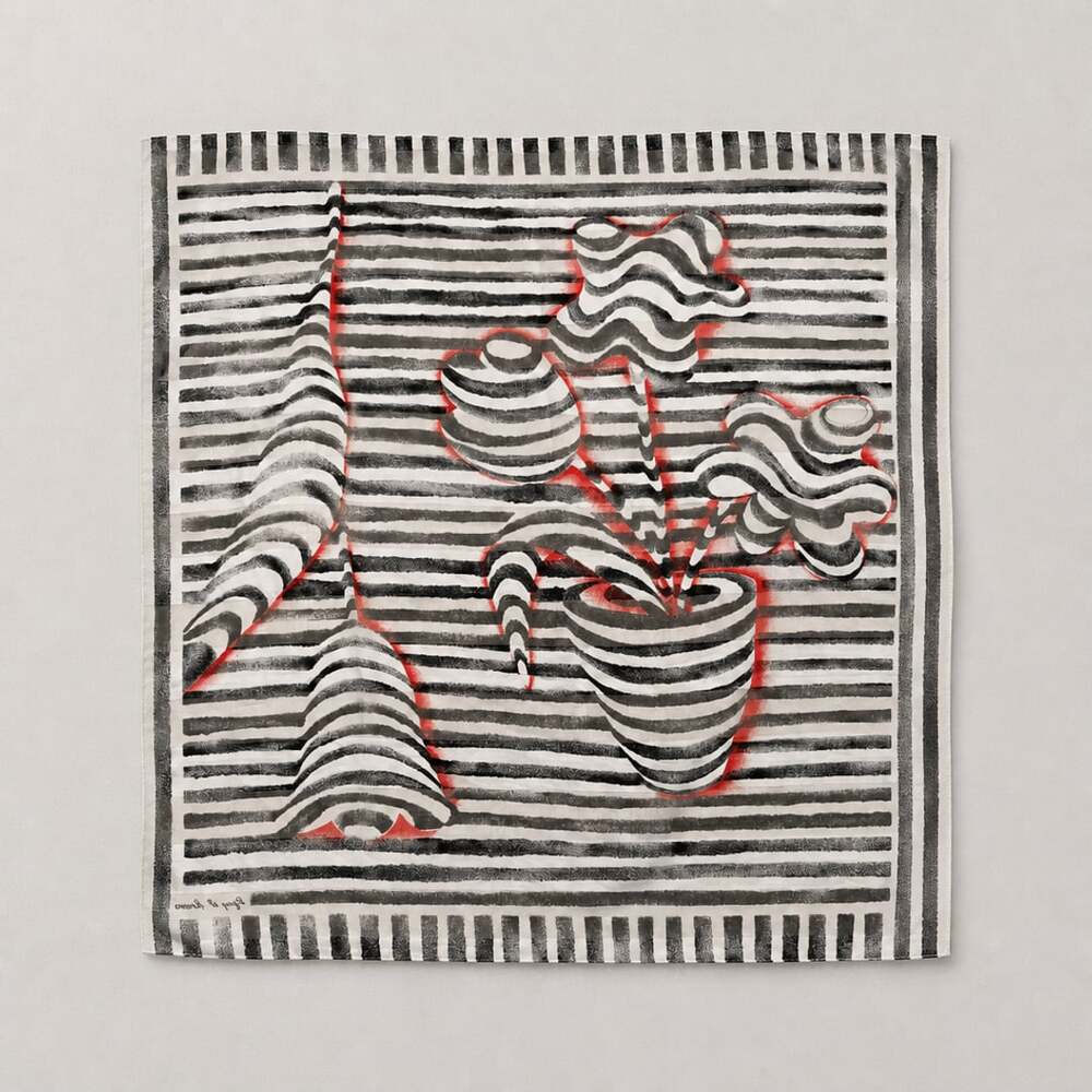 Guy St Honoré Black and White Striped Floral Optical Illusion Silk Scarf